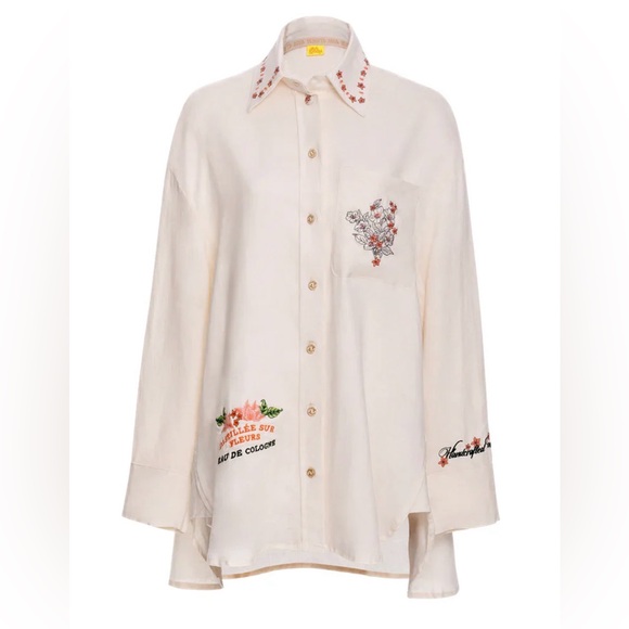 Agua Bendita Tops - Agua Bendita Été Swan Oversized Embroidered Hi Lo Linen Shirt Cream. Size XS/S